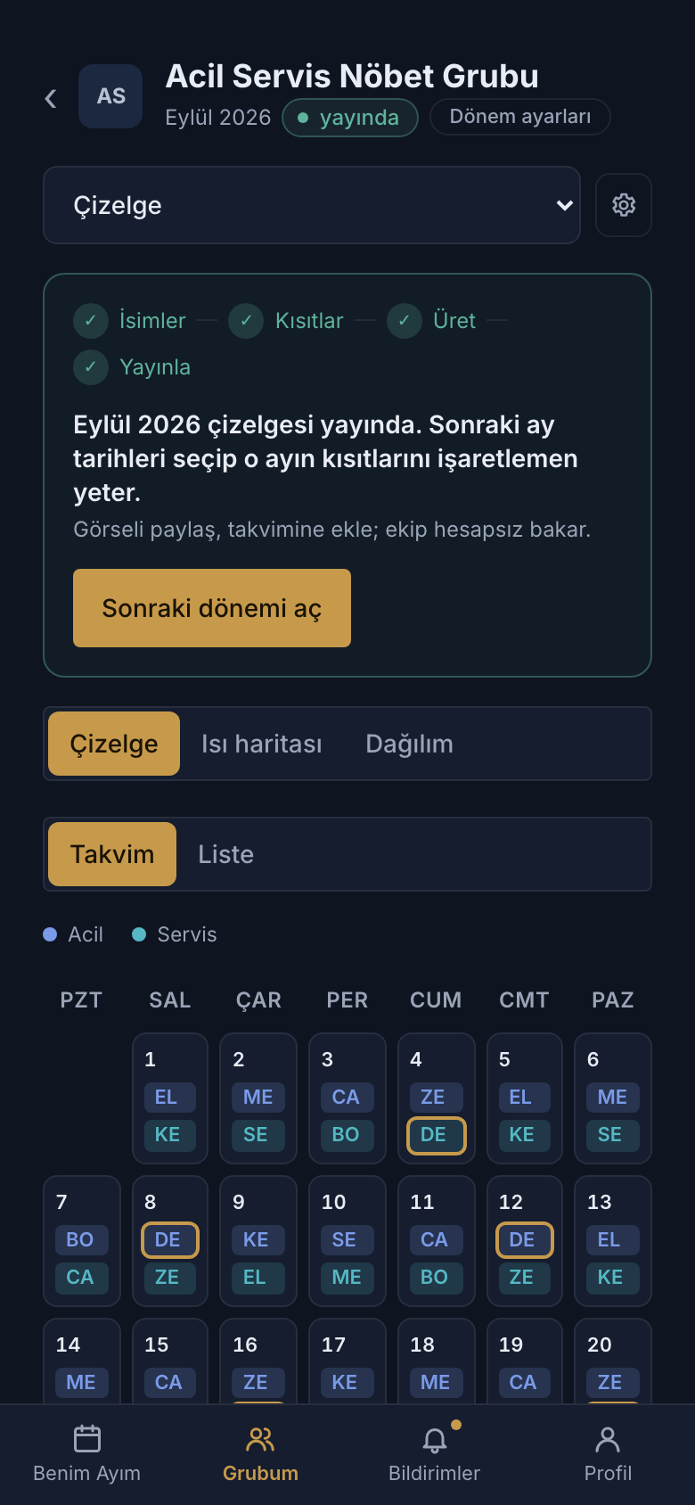 Uygulamanın telefondaki grup takvimi: her günün nöbetçileri hat renkleriyle